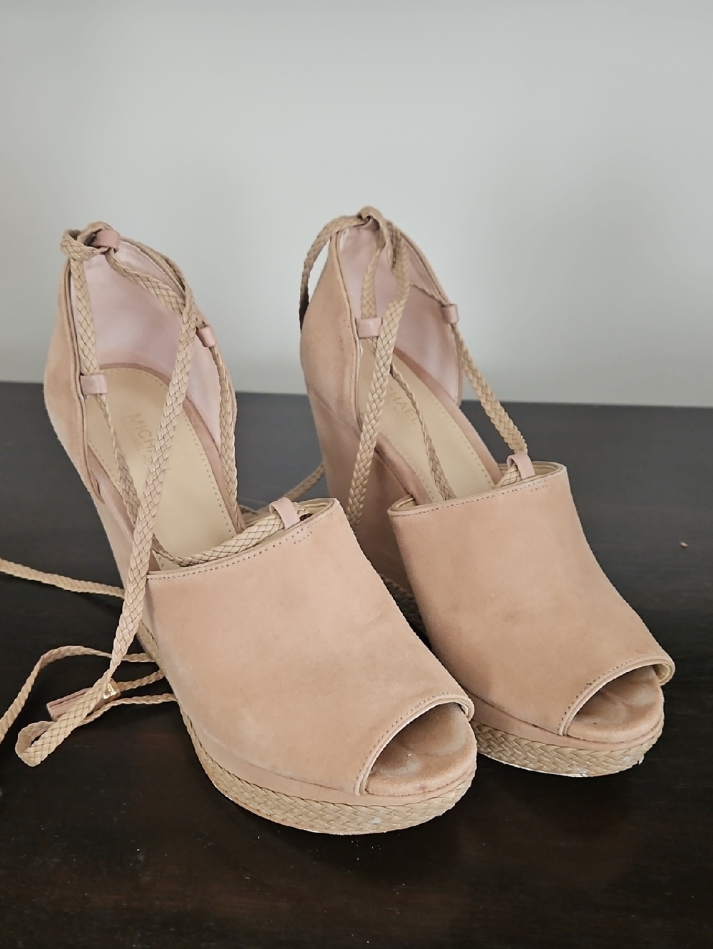 Women’s Suede Peep-Toe Espadrille Wedge Heels in Blush